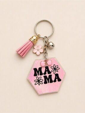 Pink "MAMA" Hexagon Keychain with Tassel